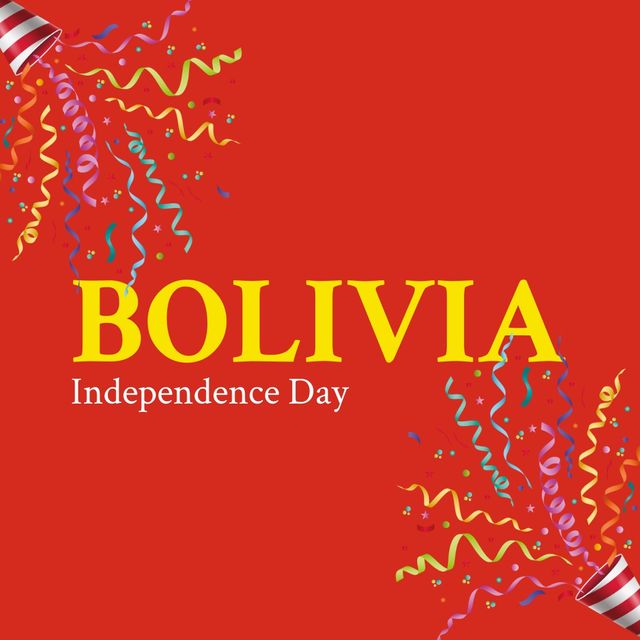 Colorful celebratory illustration for Bolivia Independence Day featuring festive confetti and bold text on a red backdrop. Ideal for event announcements, social media posts, and holiday campaigns to honor Bolivian culture and nationalism.