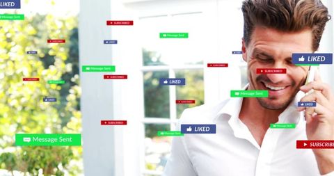 Smiling businessman holding smartphone with floating social media notifications and sunlight