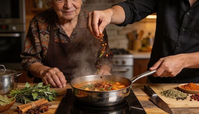 Adult adding spices to simmering stew while elderly woman watching in cozy kitchen with fresh herbs