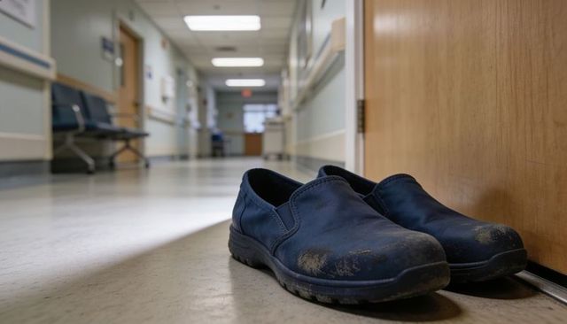 Worn navy clogs showing scuffs in hospital corridor conveying tired healthcare shift