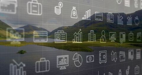 Business icons overlaying tranquil lakeside valley with grassy islet and green hills