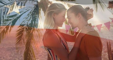 Romantic Beach Sunset With Puerto Rican Flag Overlay