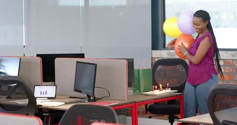 Colleague Birthday Surprise with Cake and Balloons in Office