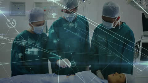 Medical Team Performing Surgery with Digital Data Interface