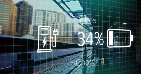 Electric Vehicle Charging Interface Display Over City Scape