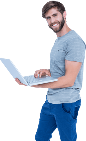 Transparent Smiling Young Man Using Laptop in Casual Attire - Download Free Stock Videos Pikwizard.com