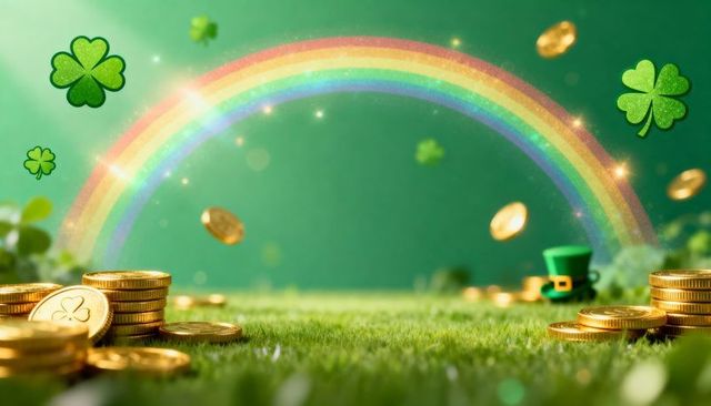 Sparkling rainbow over green grass with gold coins, shamrocks and leprechaun hat