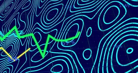 Neon topographic data visualization featuring green trend line on futuristic grid