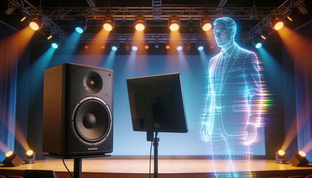 Holographic Presenter Delivering Talk on Lit Stage with Speaker and Monitor, Futuristic