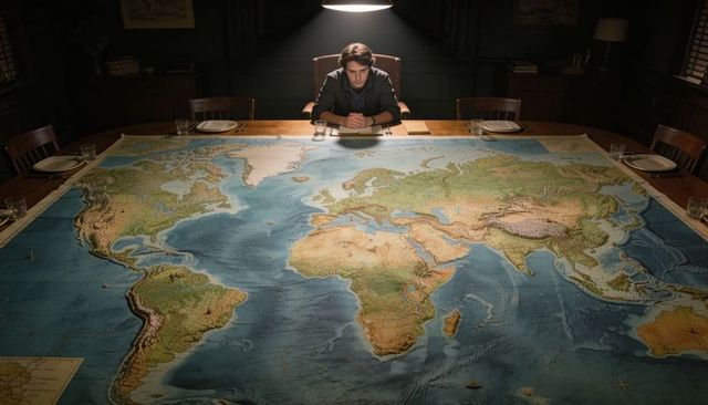 Focused man studying large vintage world map on long wooden table under pendant lamp