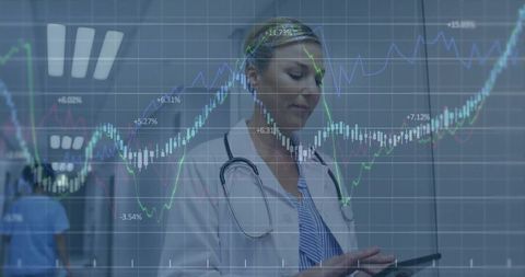 Doctor Reviewing Tablet with Medical Data Overlay and Healthcare Analytics Visualization