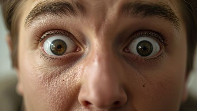 Extreme close-up man staring with wide hazel eyes showing pores, flared nose, facial mole