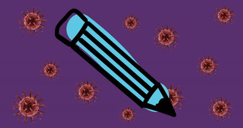 Digital Art of Purple Background Pen with Floating COVID-19 Cells