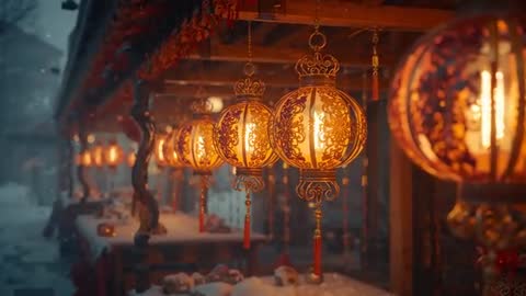 Ornate Lanterns Swaying in Festive Snowy Corridor