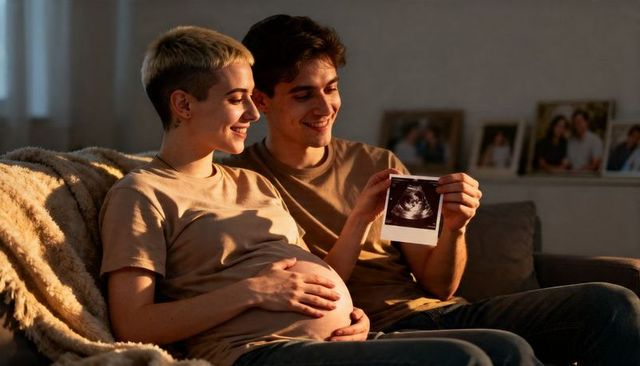 Expectant couple celebrating ultrasound on cozy living room sofa