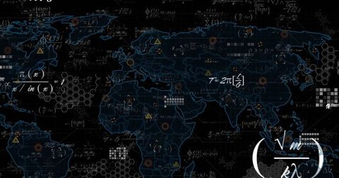 Futuristic World Map Overlay with Mathematical Equations and Digital Graphics