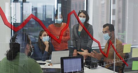 Business Team Analyzing Financial Trends with Masks in Modern Office