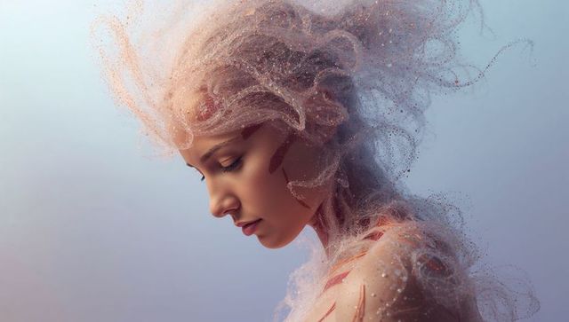 Ethereal woman portrait dissolving hair into glittering particles with pastel net fabric
