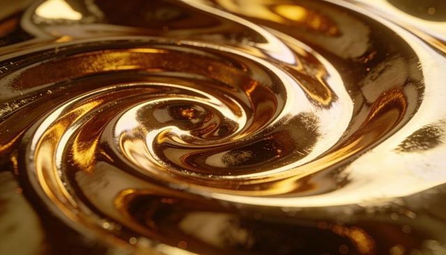 Swirling golden vortex of molten metallic liquid macro texture for luxury design