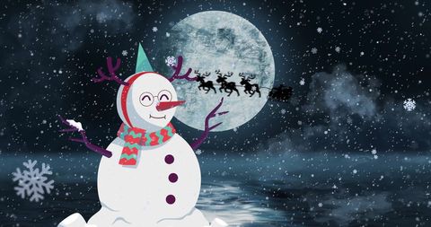 Whimsical Snowman and Sleigh Under Wintry Sky