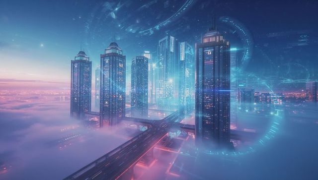 Futuristic neon cityscape at dawn with skyscrapers and holograms