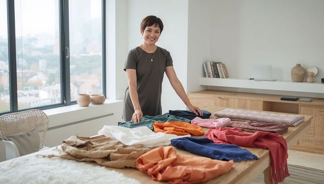 Asian woman arranging colorful natural fabrics on minimalist boutique studio table by window