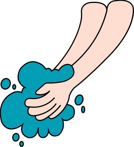 Flat vector hands lathering soap with transparent teal bubbles