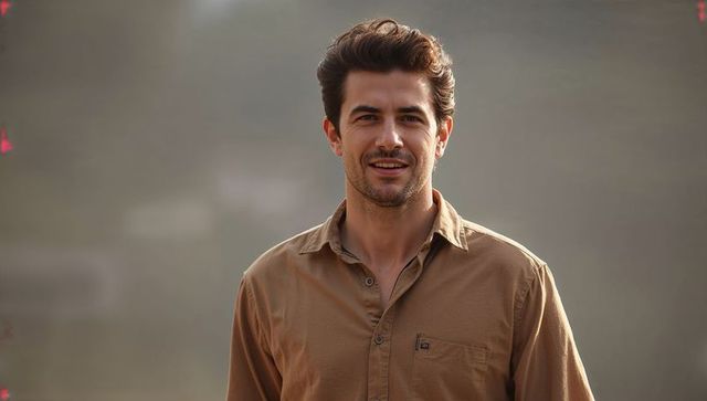 Smiling man wearing tan button-up shirt standing against neutral blurred background