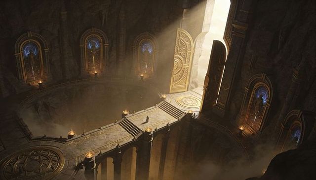 Solitary cloaked pilgrim crossing marble bridge toward golden doors above misty chasm