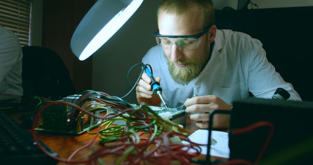 Engineer is working on circuit board in lab with multiple wires connected. Image is perfect for tech industry websites, articles on electronics and innovation, educational materials, engineering career promotions, and technology blog posts.