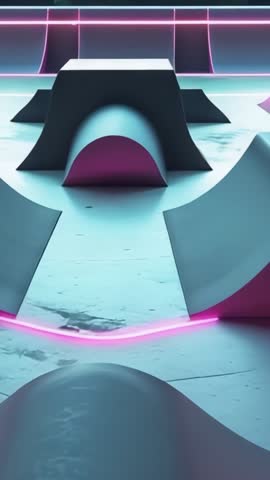 Virtual camera moving forward-down through neon cyberpunk tunnel revealing repeating arch echoes