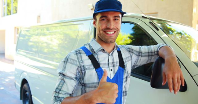 Cheerful Handyman Giving Thumbs Up by Service Van - Download Free Stock Images Pikwizard.com