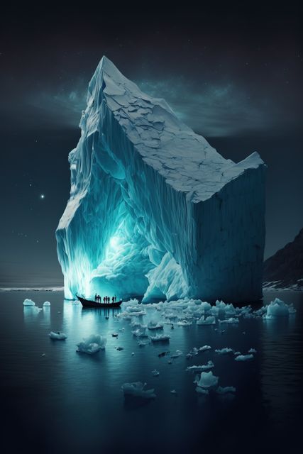 Magnificent night view of an iceberg illuminated from within, with sailors in a boat adding human scale. Perfect for articles on adventure, exploration, arctic scenes, environmental awareness, or nautical themes.