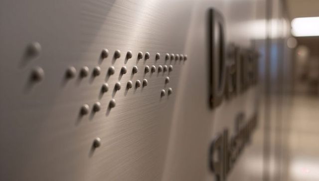 Braille tactile sign on modern corridor wall with embossed text