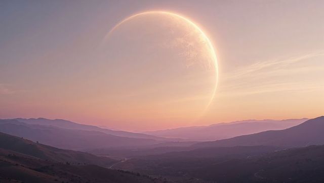 Crescent Planet Rising Over Pastel Mountain Valley at Sunset, Surreal Cosmic Landscape