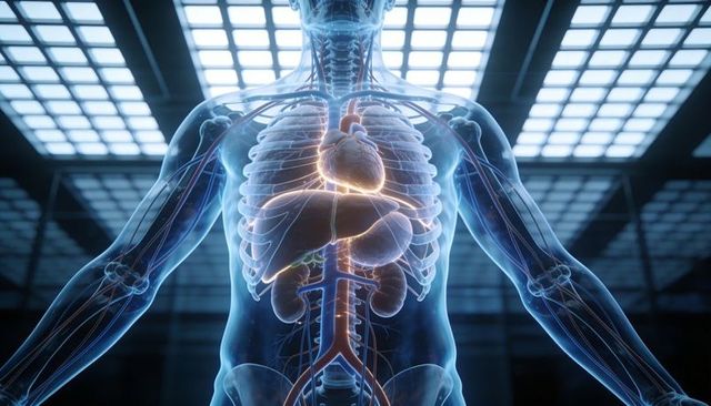 Translucent male torso revealing glowing heart, rib cage and vascular system in medical lab