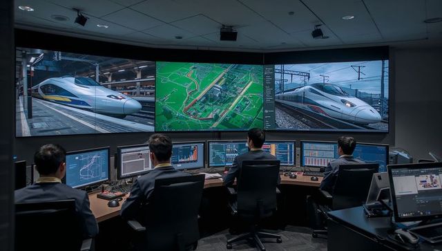 High-Tech Train Control Center with Operators Monitoring Rail Systems