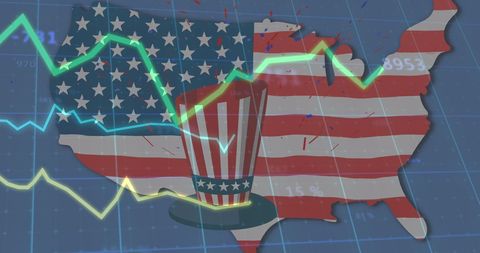 USA Map with Flag, Patriotic Hat and Financial Graphs
