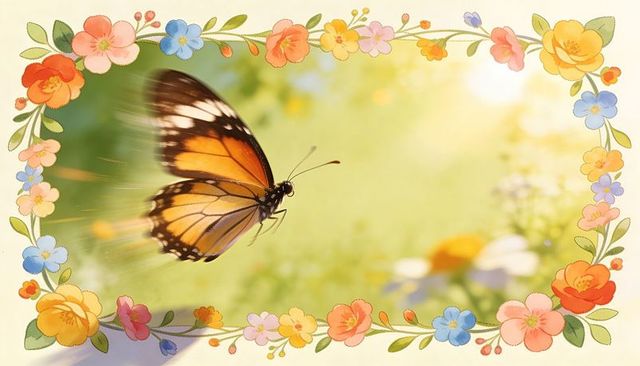 Monarch-like butterfly flying in sunlit meadow framed by watercolor floral border for cards