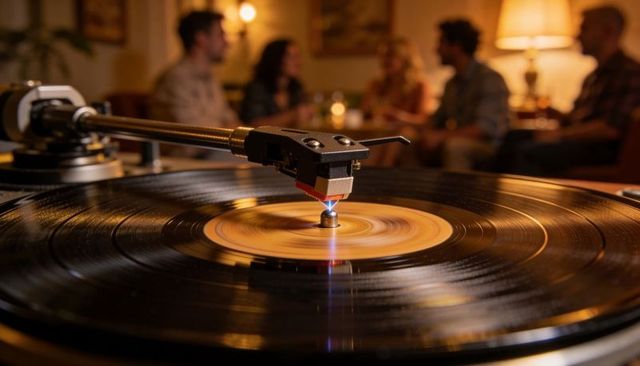 Turntable stylus spinning vinyl record with cozy friends listening in warm living room