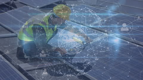 Engineer Maintaining Solar Power Station with Digital Connectivity Overlay