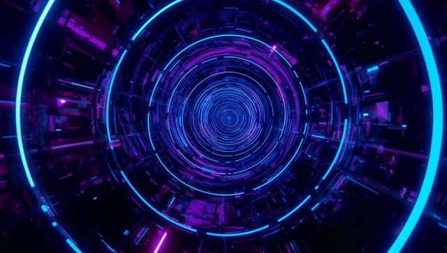 Colorful vortex of neon spirals in futuristic digital tunnel