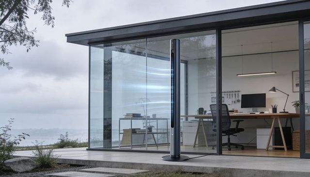 Sleek tower fan projecting visible airflow on patio outside modern glass home office