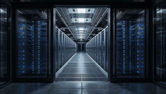 Futuristic data center aisle showcasing glass-front servers with blue LED lights