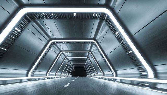 Driving through Futuristic LED-Lit Tunnel with Vanishing Point and Motion Blur