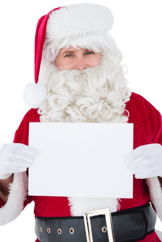 Cheerful transparent santa claus holding blank sign