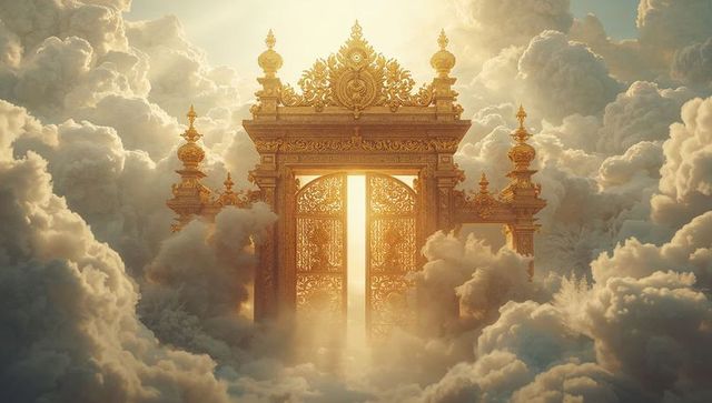 Ornate Golden Gate with Radiant Sunlight and Billowing Clouds