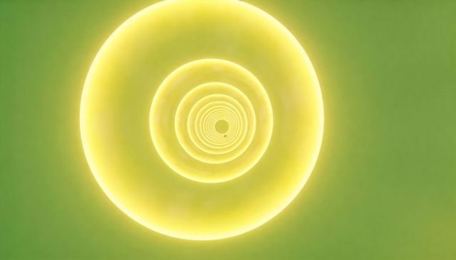 Glowing yellow concentric rings forming radiant tunnel against muted green gradient