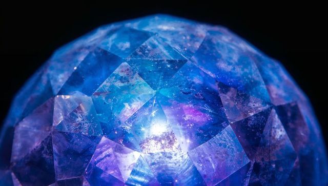 Faceted crystal sphere refracting electric blue and violet light with starry sparkles
