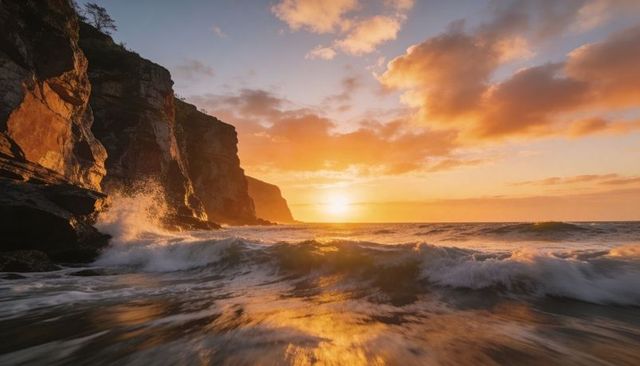 Golden sunset waves crashing against rugged coastal cliffs with sea spray and surf